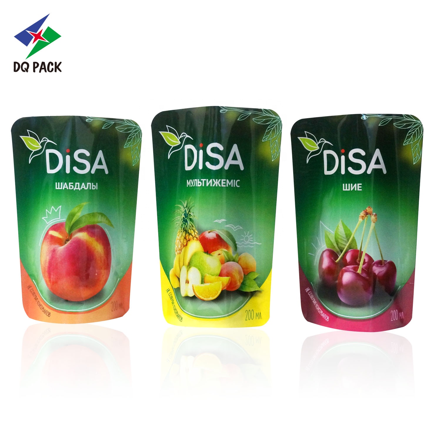 Custom Printed 200ml Aluminum Foil stand up Juice Pouch With Perforated Hole Straw