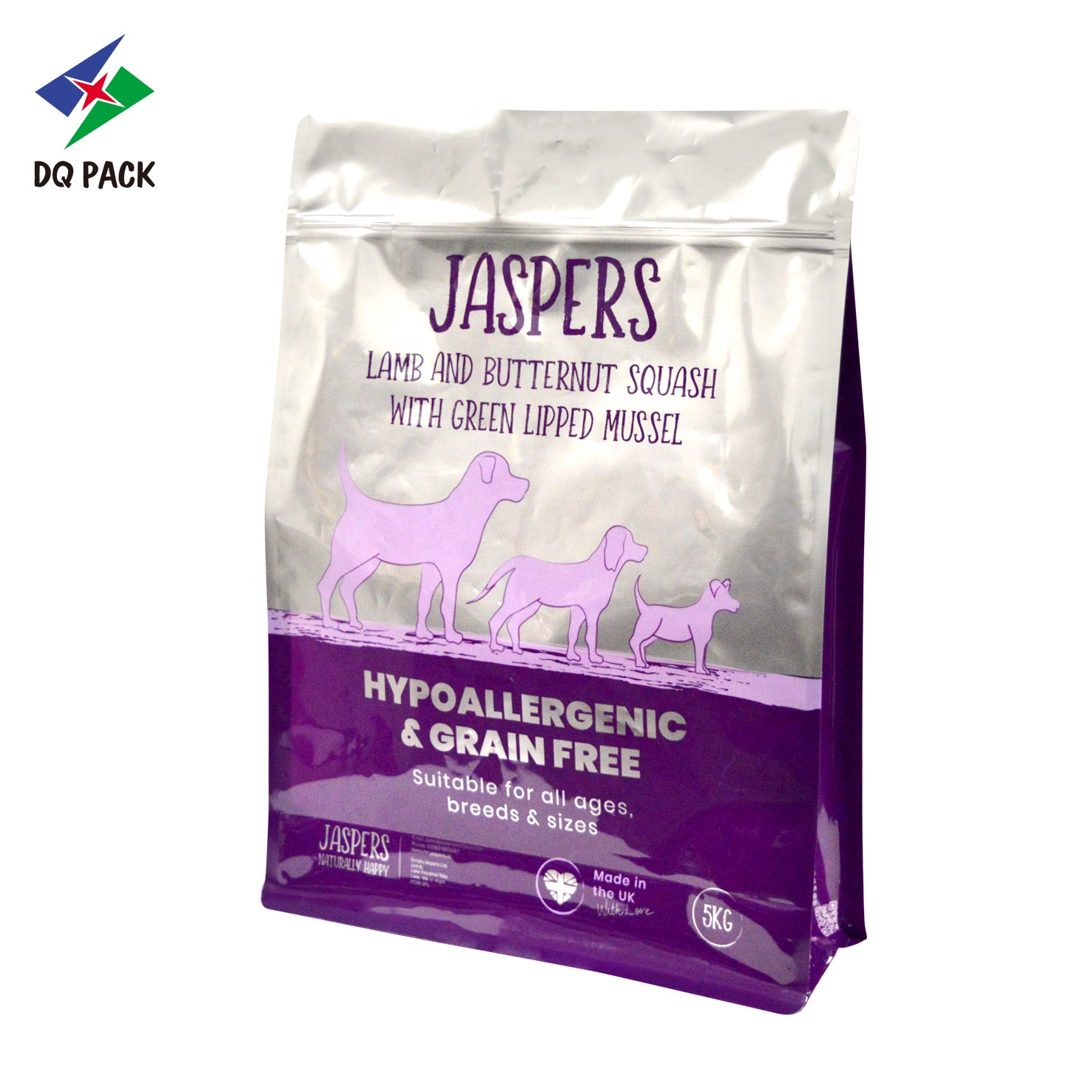 DQ PACK Hot Sale  resealable mylar ziplock bags 5kg 10kg Flat Bottom Pouch Doypack Pet Treat Food Bag