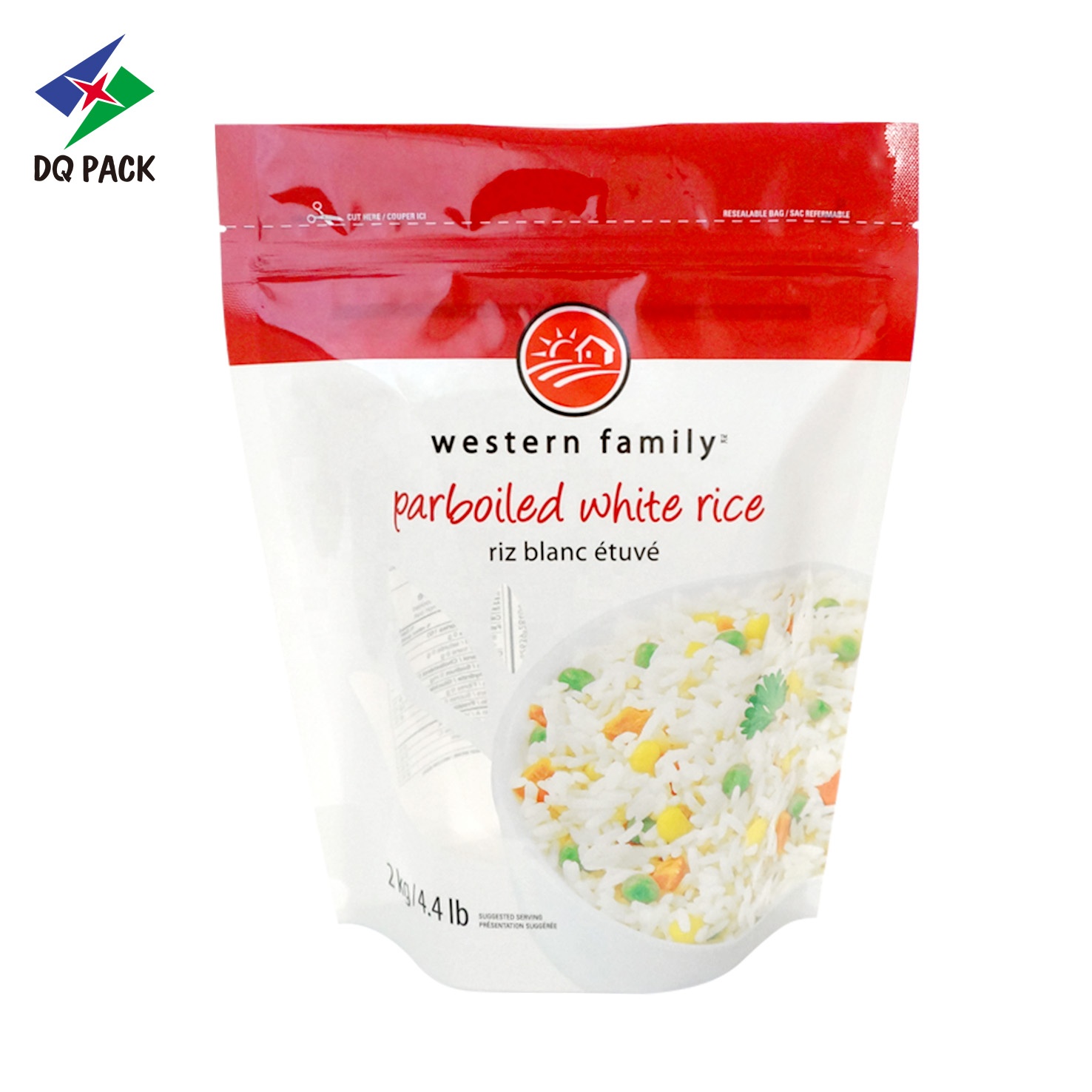 DQ PACK Food Grade 2KG Stand Up Zipper Bag Water Proof Plastic Rice Packaging Bag With Tear Notch