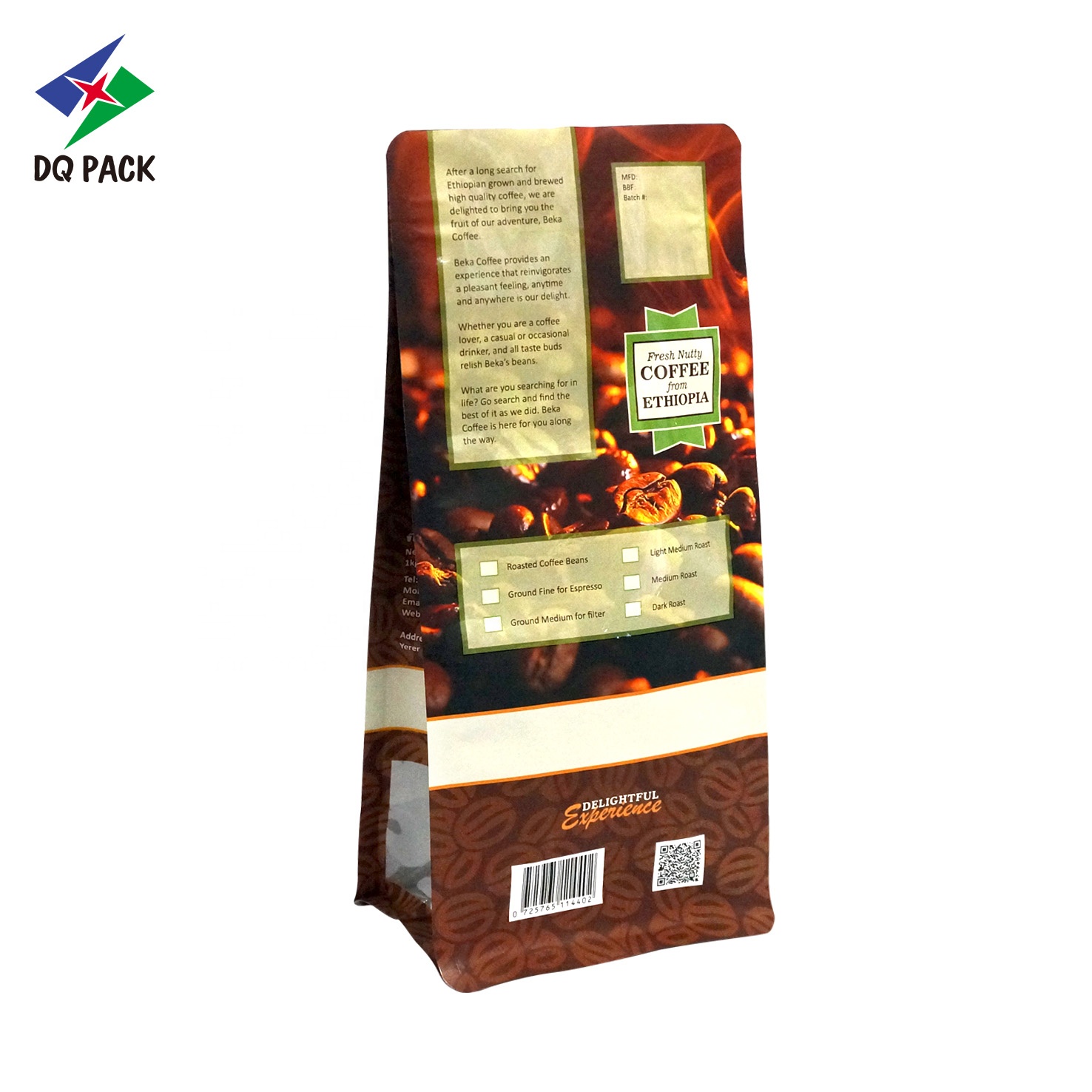 DQ PACK Wholesale Eco-friendly Food Grade Flat Bottom Pouch Doypack With Zipper for Coffee Bean Packaging