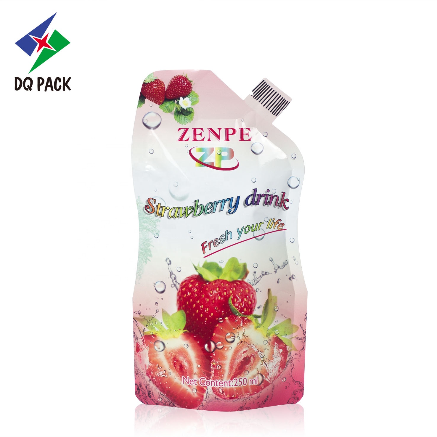 DQ PACK Customized Color Fruit Plastic Packing Bag Stand Up Pouch With Corner Spout For Juice Jelly