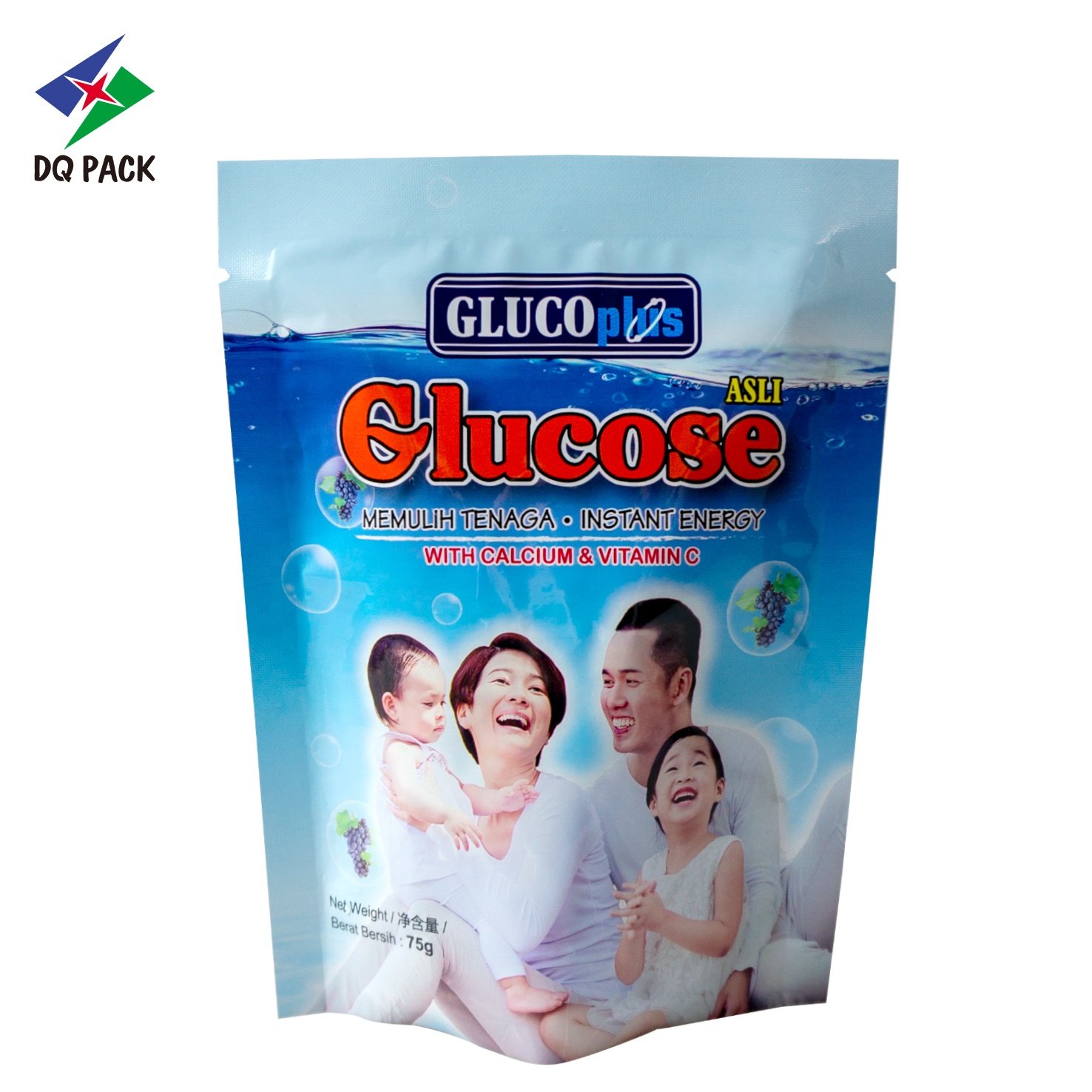Customized printing three side seal bag packaging for 75g glucose plastic pouch packaging bag