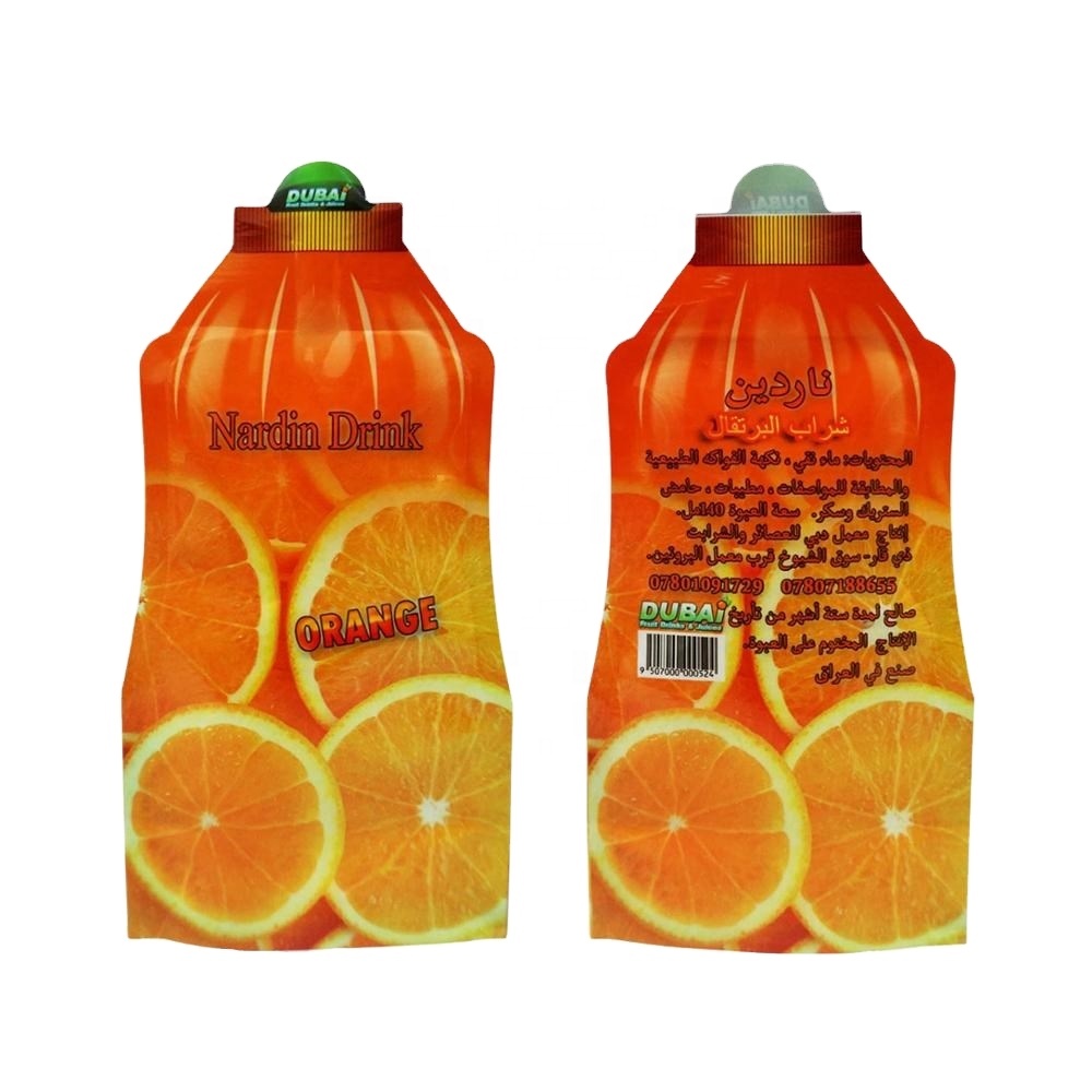 Plastic packaging bag doypack as bottle shape for juice