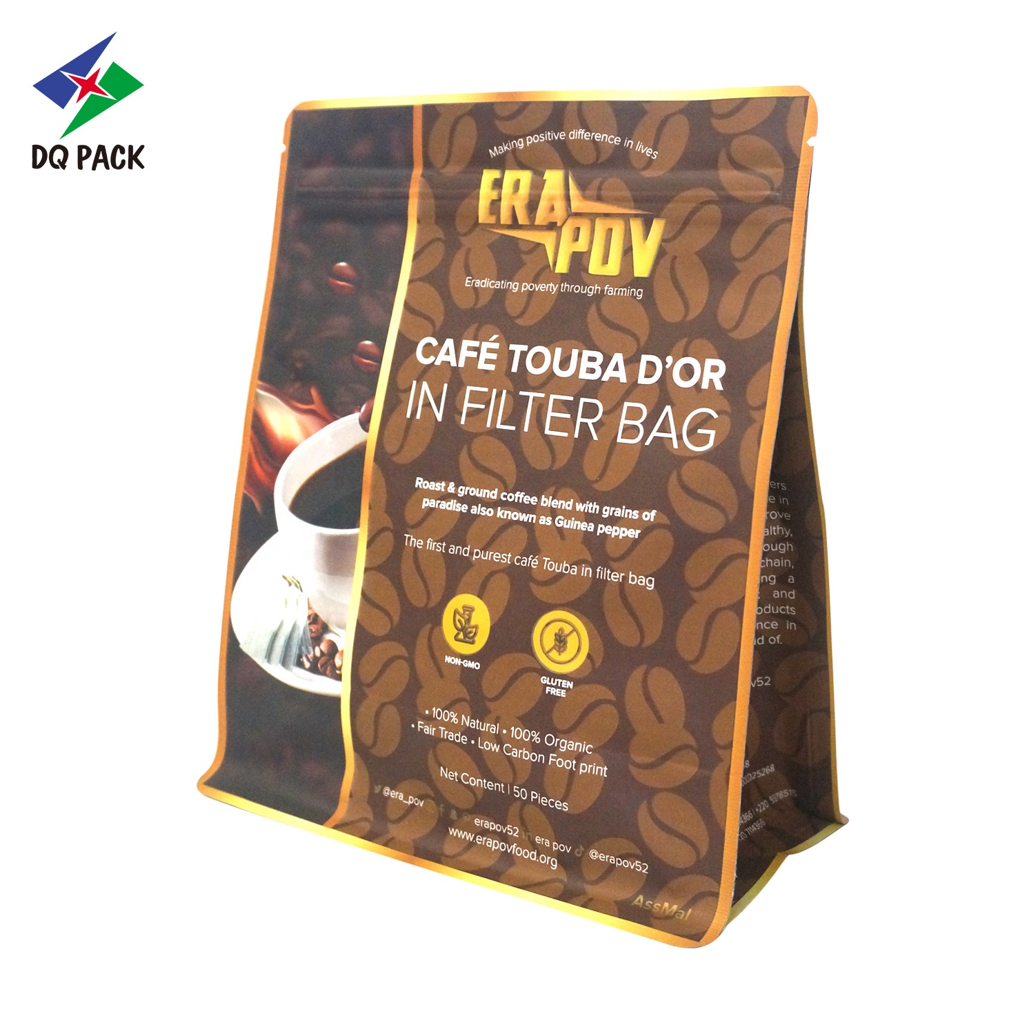 Customized printing Flat bottom Bag with Zipper plastic pouch Coffee drip bag