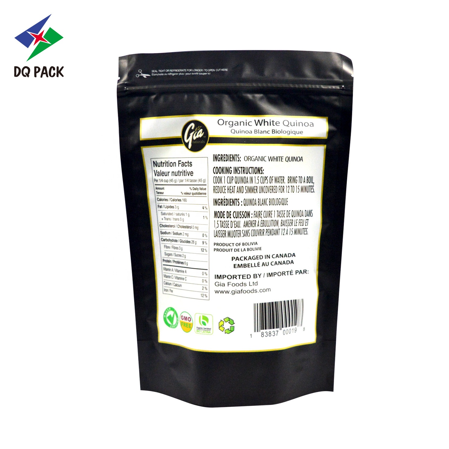 DQ PACK Manufactures Sell Stand Up Pouch PE/PP Food Packaging Bag With Tear Notch