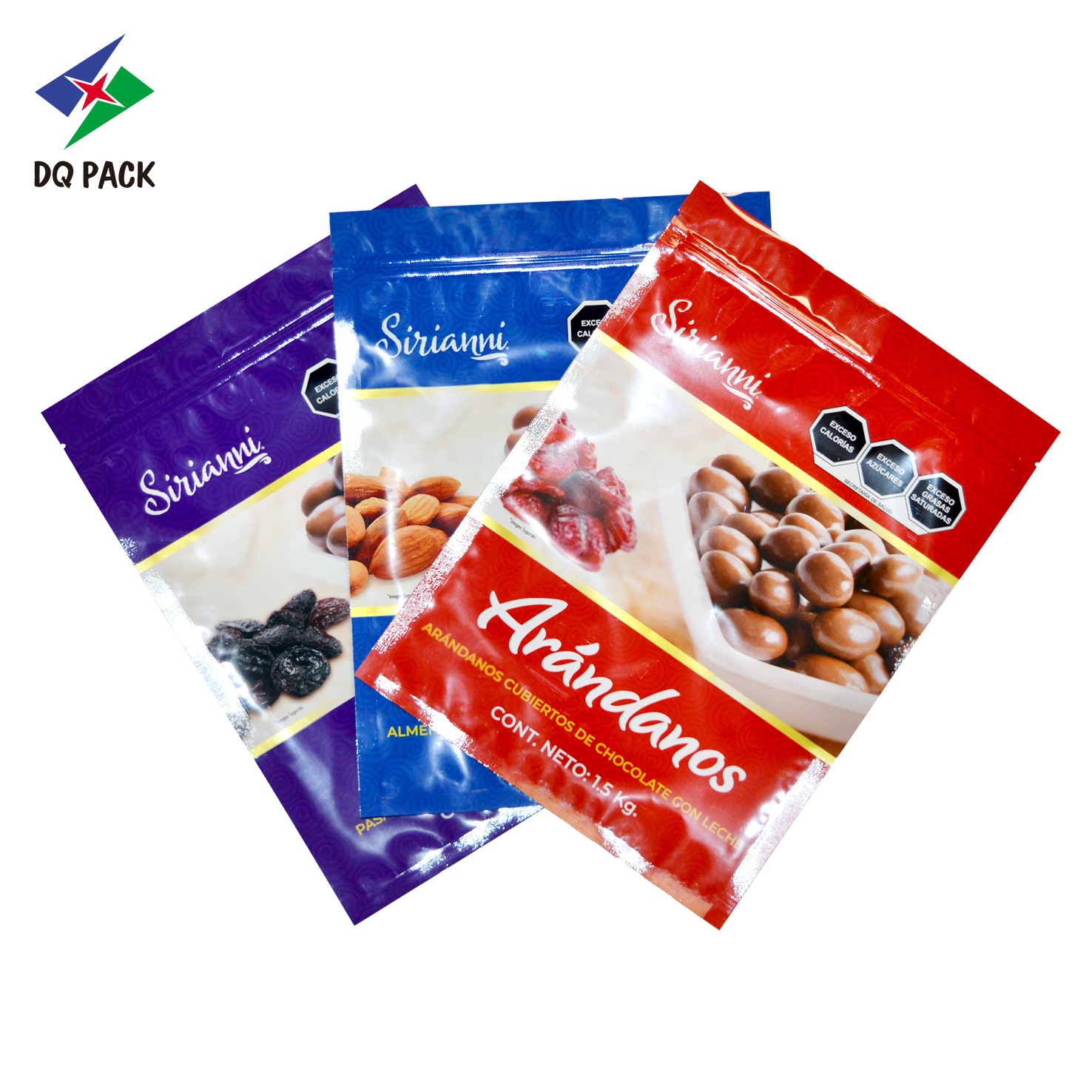 DQ PACK Wholesale Reusable Refill Resealable three side seal pouch zipper ziplock bag for snack candy food packaging