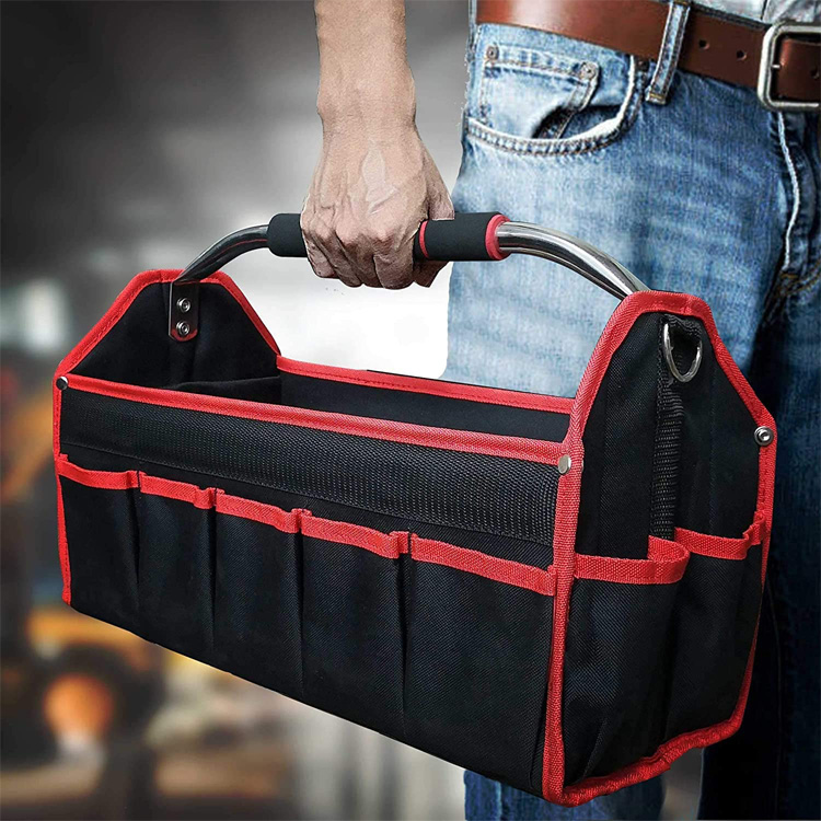 Foldable Design Open Top Tool Tote Bag With Steel Handle