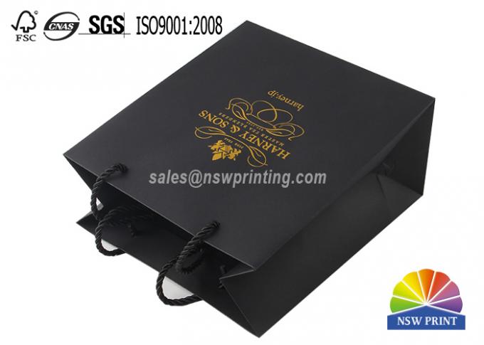 Durable Black Cardboard Printed Paper Bags With Brand Monogram Gold Foil Stamping 0