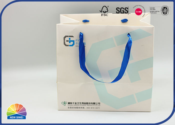 White Coated Paper Shopping Bags Custom Size Matte Lamination With Blue Handle