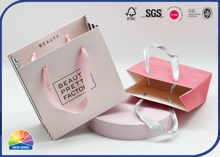 Pink Printing Present Package Paper Shopping Bags With Ribbon Handles