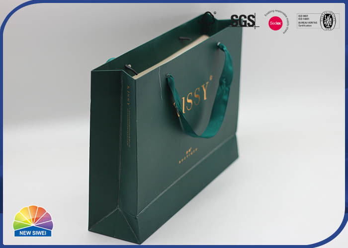 350g Green Coated Shopping Paper Gift Bags Customized Logo With Silk Handle