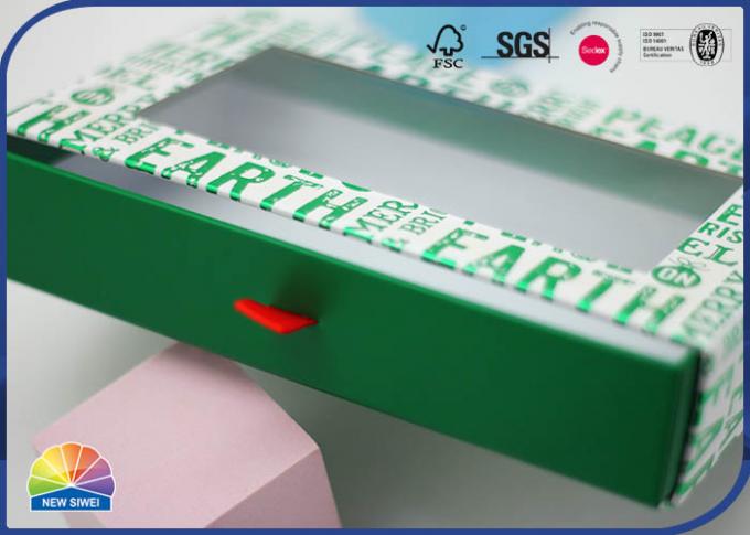 Green Customized Rectangle Drawer Paper Box 4C Printed Rigid Cardboard With Silk Ribbon 0