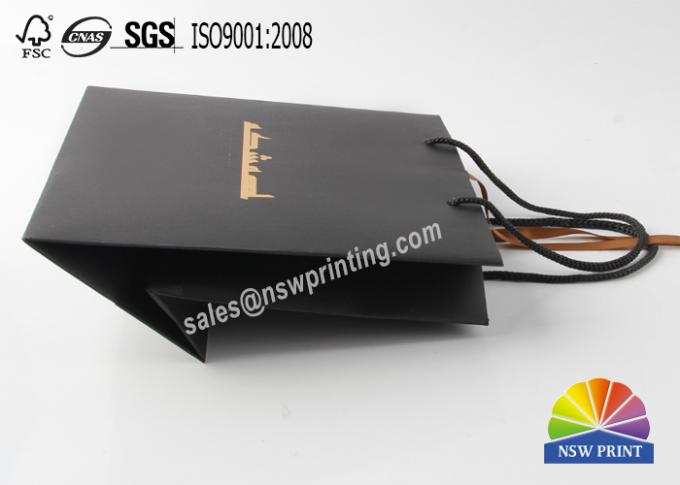 Ribbon Decoration Luxury Black Gift Paper Bags With Logo Hot Gold Stamping 0