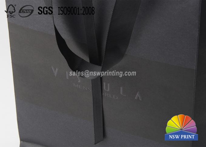 New Design Luxury Spot UV-coating Logo Black Cardboard Paper Bag With Ribbon Handle 1