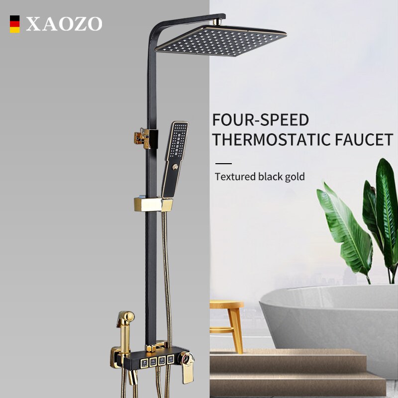 XAOZO shower set system black bath shower faucets bwaterfall thermostatic mixer tap rain bathtub faucet showers button pressing