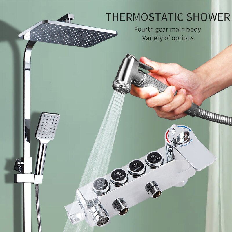 XAOZO Electroplated Thermostatic Button Shower Set Household Copper Shower Bathroom Rainfall Faucets Set