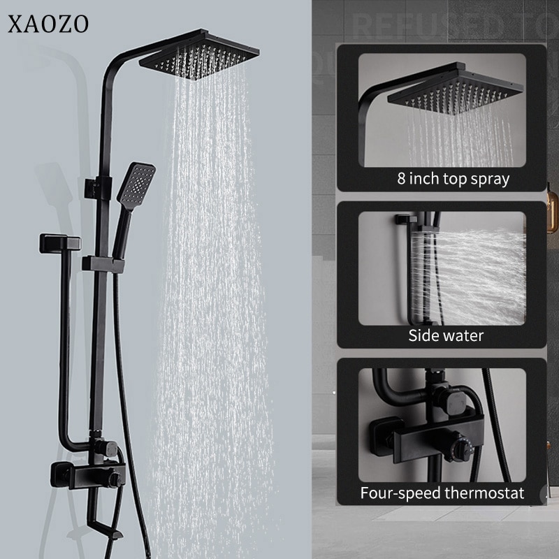Bathroom Black Themostatic Shower Sets intelligent thermostat Rain Head Bath Shower Mixer with Hand Shower Faucets Rainfall