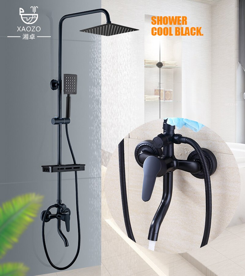 XAOZO Black Bathroom Shower Set Household Copper Shower Faucet Wall-mounted Bathtub Faucet Rain Shower