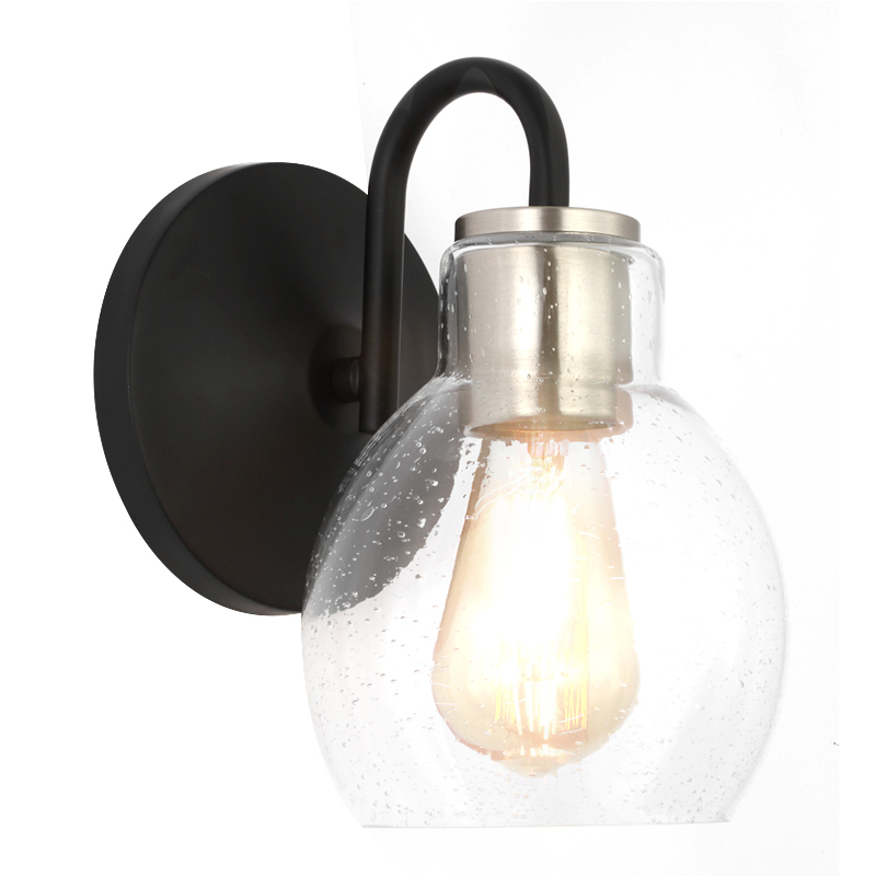 Modern Decorative Luxury Black Steel Wall Sconce Bathroom 1 Bulb Vanity Light Clear Seeded Glass Indoor Brushed Nickel Wall Lamp
